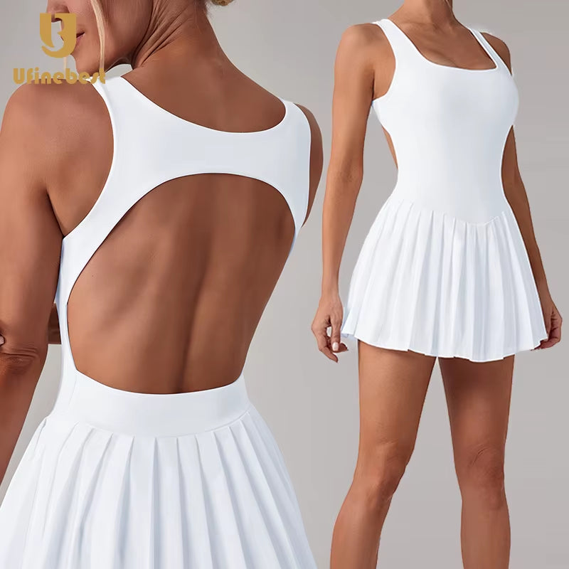 Women'S Golf Dress Shorts One-Piece Backless Sportswear Pleated Tennis Skirt Outdoor Sports Set Anti-Walk Fitness Wear