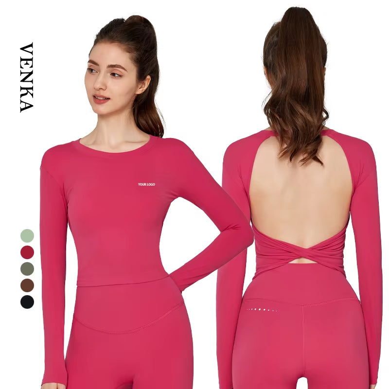 Women High Quality Training Clothing Compression Tights Fitness Backless Shirts Tops Woman round Neck Yoga Long Sleeve T Shirts