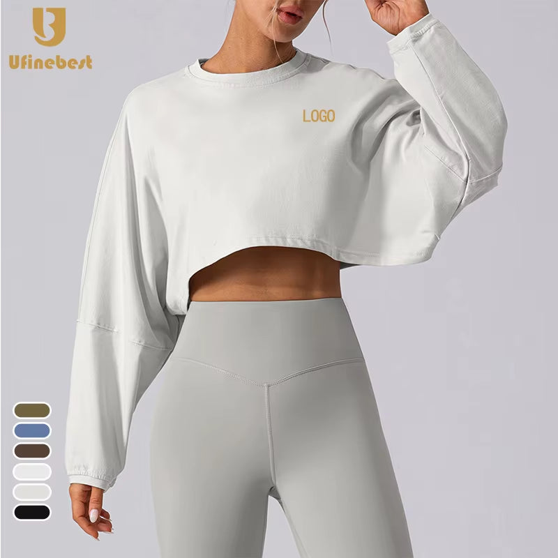 Wholesale Custom Logo Women Crew Sweatshirt Crop Top T-Shirt Gym Tops for Women
