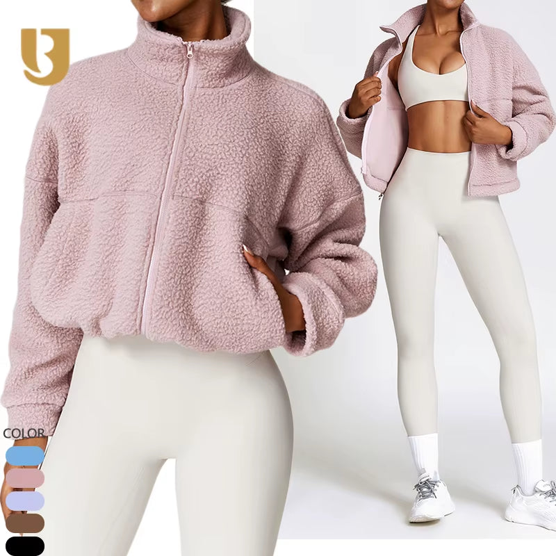 Custom Shaker Outdoor Running Jackets Yoga Winter Warm Coat Stand Collar Fitness Jacket Fleece Zipper Women Sports Jacket
