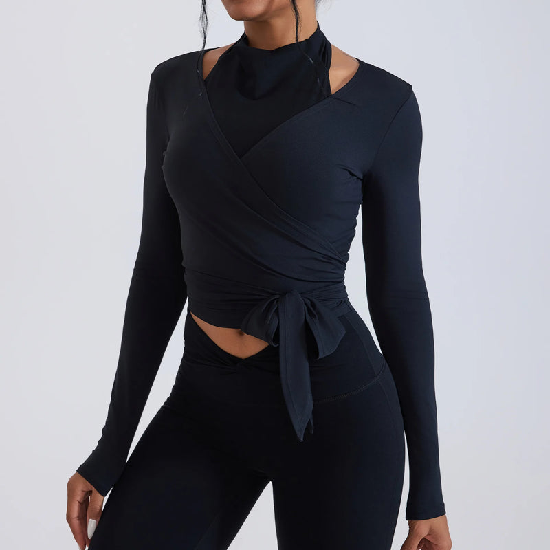 New Lady Ballet Style Long Sleeves Sports Top Women Slim Cross Gather Crop Workout Top Running V Neck Solid Color Fitness Shirt