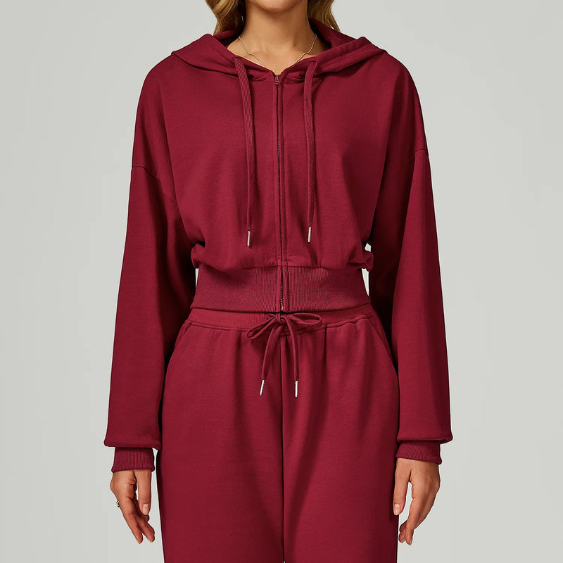 Women'S Loose Casual Crop Hoodies Full Zipper Breathable Sports Jacket Hood Autumn Long Sleeve Sweatshirts Custom Logo Knitted