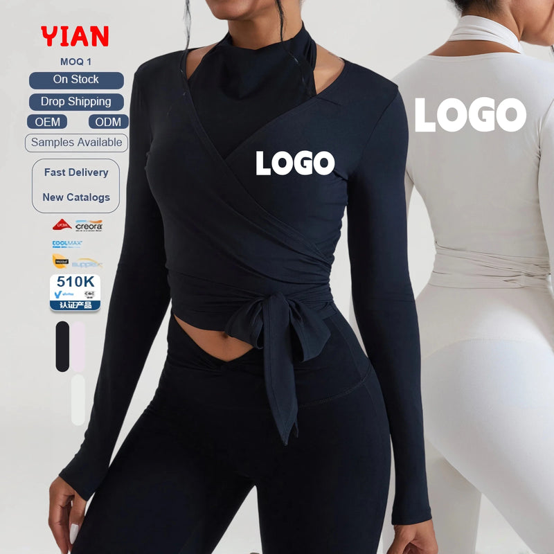 New Lady Ballet Style Long Sleeves Sports Top Women Slim Cross Gather Crop Workout Top Running V Neck Solid Color Fitness Shirt