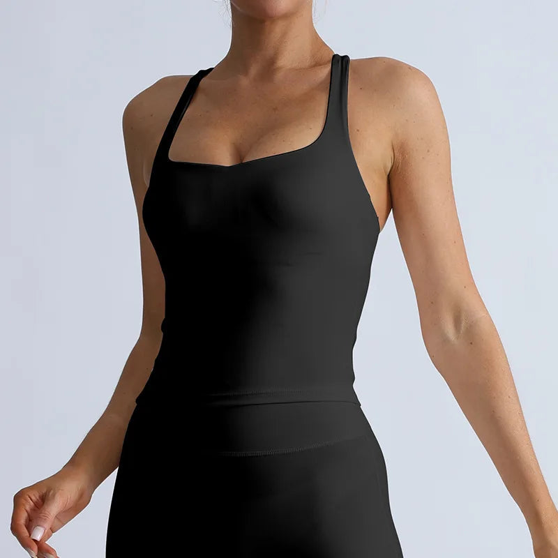 Women'S High-Waist Yoga Vest with Built-In Padded Bra Casual Solid Fitness Top Sleeveless plus Size Sweat-Wicking & Naked Feel