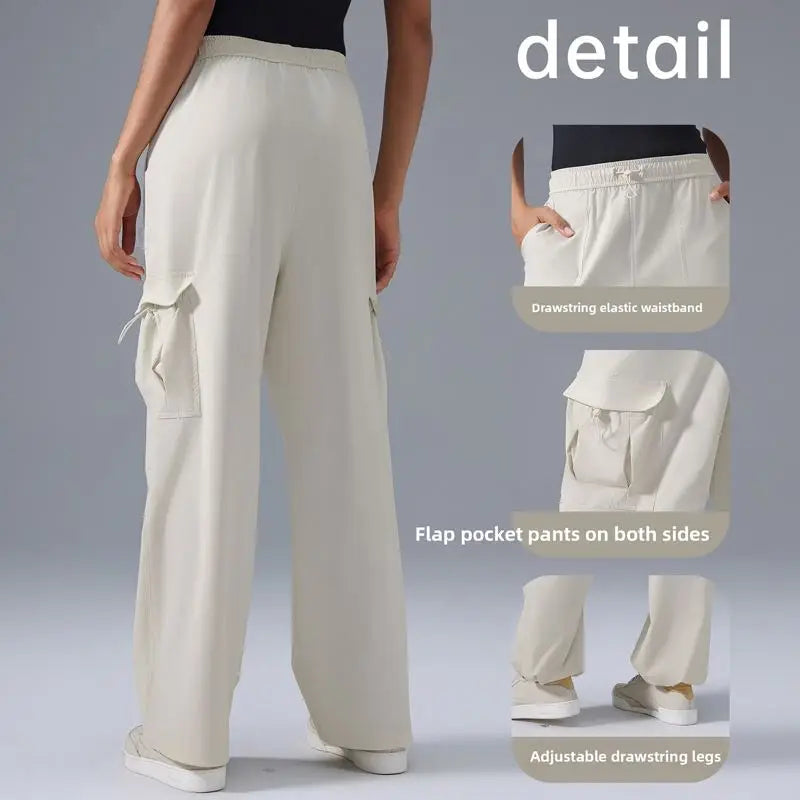 Women'S Lightweight High Waist Cargo Pants with Drawstring Closure Wide Leg Baggy Hiking Trousers Elastic Waist and Pockets