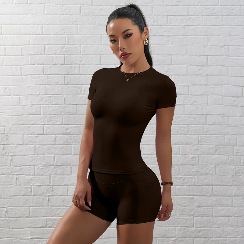 Ladies 2-Piece Yoga Shorts Set Gym High Elastic Waist Mesh Print Spandex/Nylon Casual Short Leggings Daily Wear Summer Sets