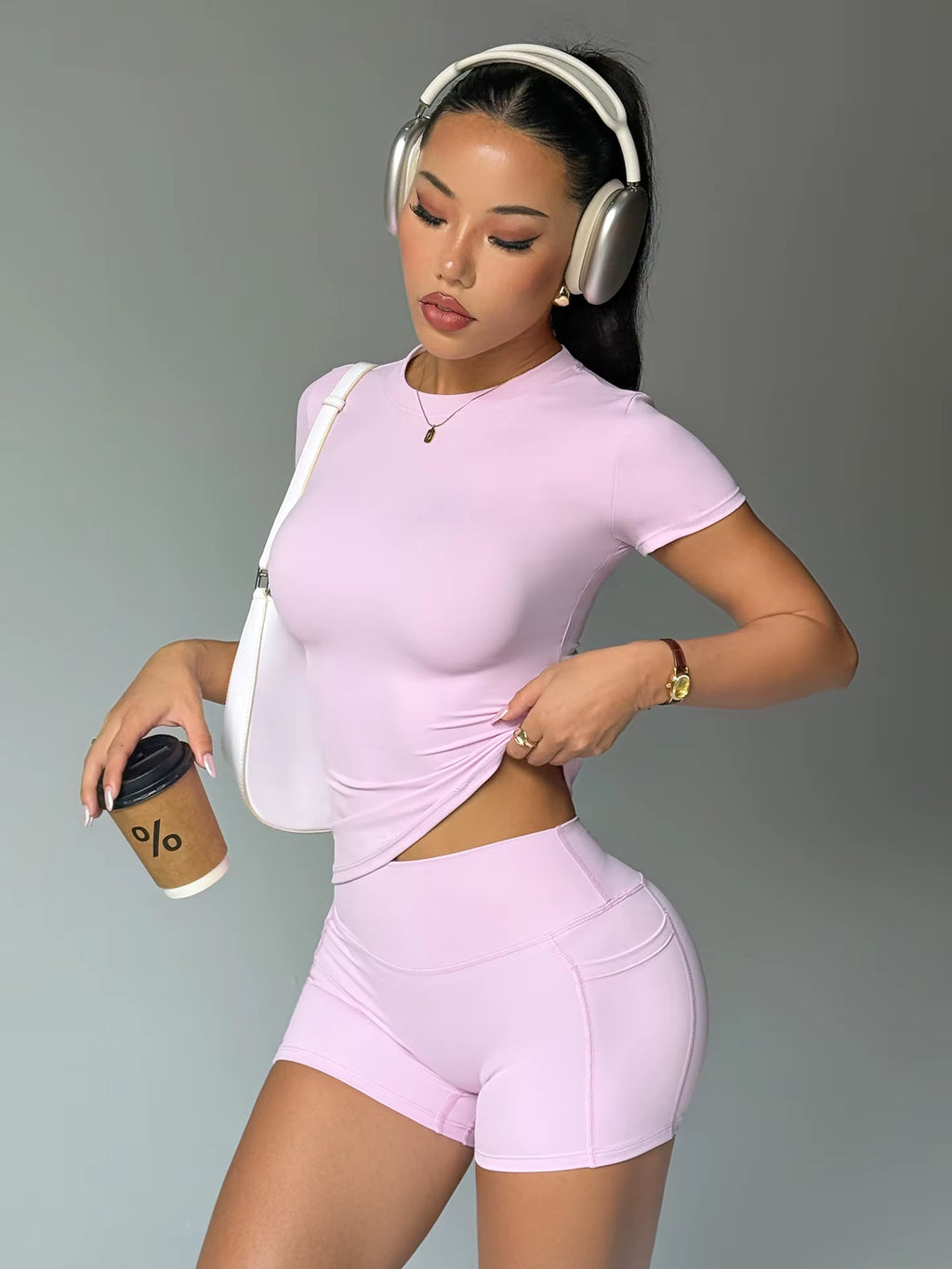 Ladies 2-Piece Yoga Shorts Set Gym High Elastic Waist Mesh Print Spandex/Nylon Casual Short Leggings Daily Wear Summer Sets