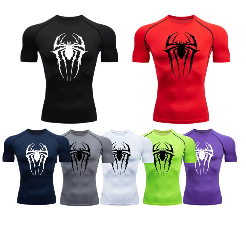 Custom Logo Men Muscle Spider Compression Shirts Spider Web Design High-Elasticity Gym & Running Tees Training Summer