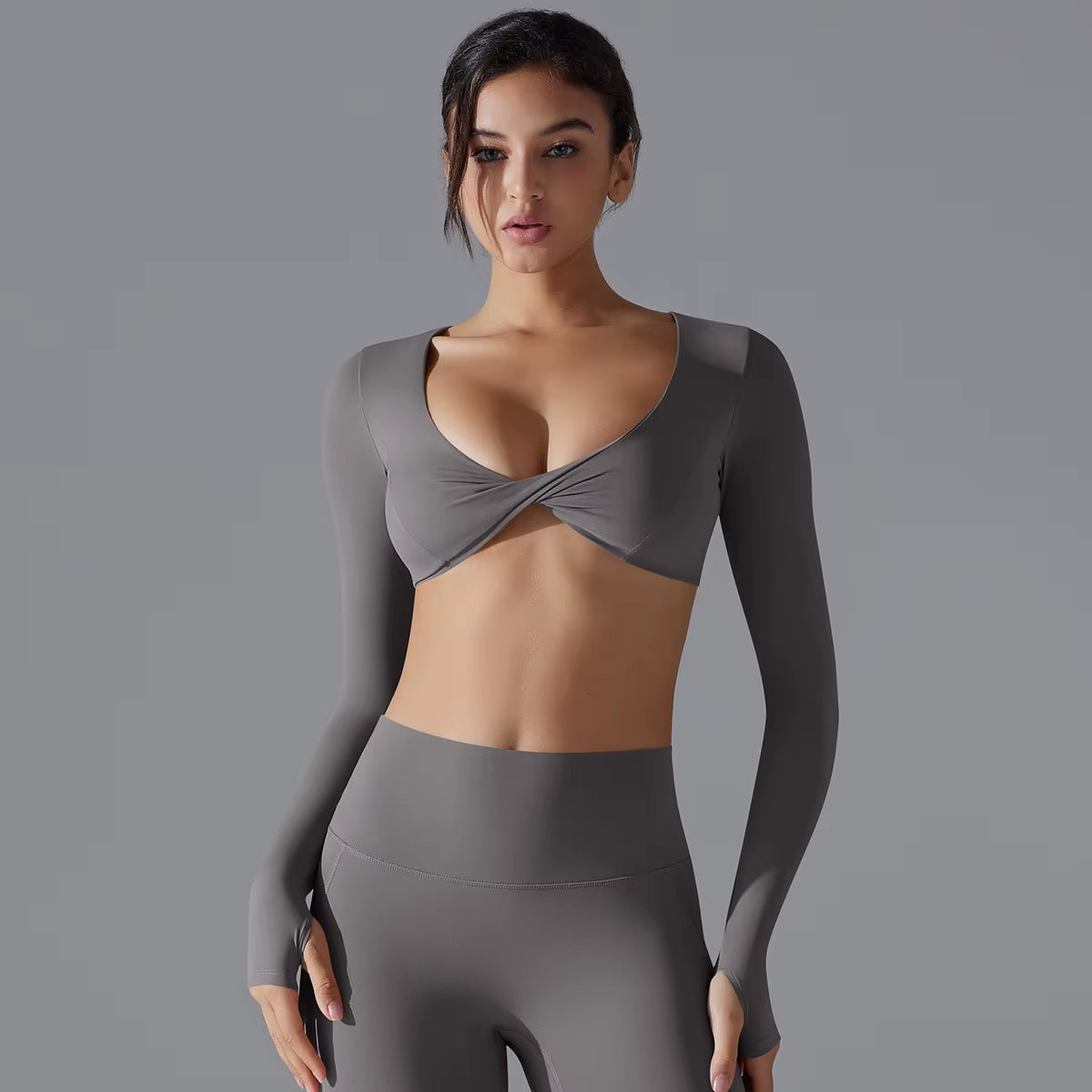 Yoga Wear Sports Gathering Long Sleeve Solid Color Slim-Fit Elastic Fitness Shaping Running Training Top for Women