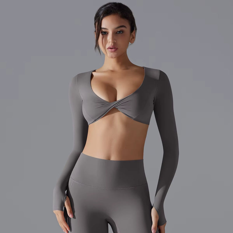 Yoga Wear Sports Gathering Long Sleeve Solid Color Slim-Fit Elastic Fitness Shaping Running Training Top for Women