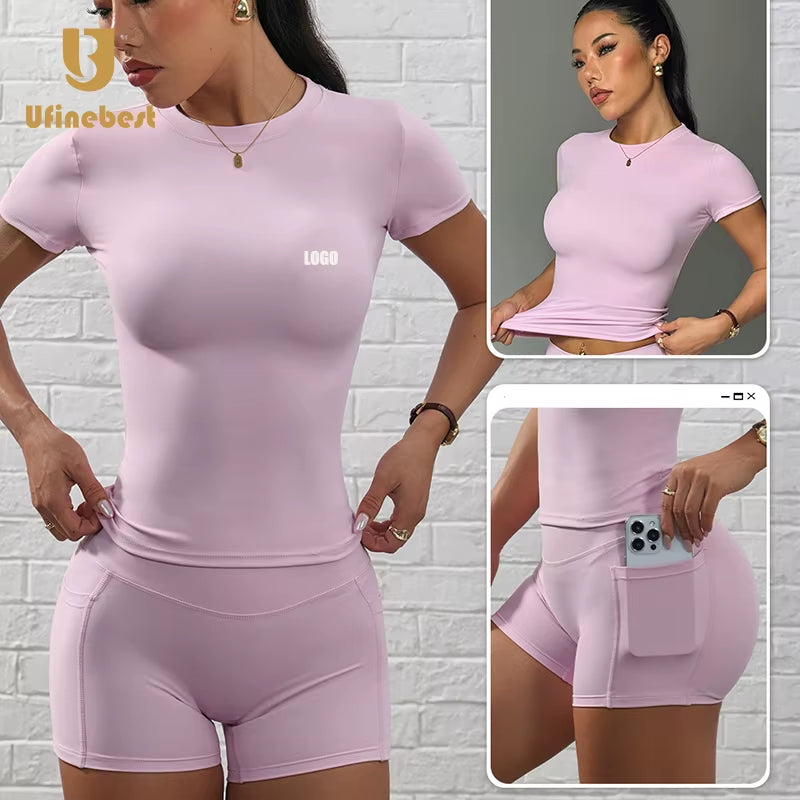 Ladies 2-Piece Yoga Shorts Set Gym High Elastic Waist Mesh Print Spandex/Nylon Casual Short Leggings Daily Wear Summer Sets