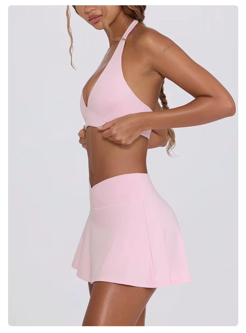 Women'S Halter V Neck Bra Tennis Skirt Custom Logo 2-Piece Solid Breathable Yoga Golf Tennis Sport Wear Front Fitness Outfits